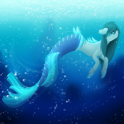 Size: 2390x2390 | Tagged: safe, artist:acidthead, oc, oc only, merpony, blue eyes, bubble, clothes, crepuscular rays, dorsal fin, female, fins, fish tail, flowing tail, high res, mermaid tail, ocean, see-through, solo, speedpaint, sunlight, swimming, tail, underwater, water