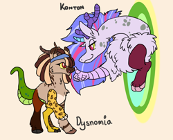 Size: 1248x1008 | Tagged: safe, artist:sinjaaussiaangels, oc, oc only, oc:dysnomia, oc:konton, draconequus, hybrid, draconequus oc, duo, female, fluffy, half-siblings, interdimensional siblings, interspecies offspring, magical threesome spawn, multiple parents, offspring, parent:discord, parent:oc:feral dragon, parent:twilight sparkle, parent:zecora, parents:canon x oc, parents:zecord, portal, siblings, sisters