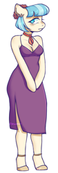 Size: 764x2276 | Tagged: safe, artist:zowzowo, coco pommel, earth pony, anthro, unguligrade anthro, g4, arm hooves, breasts, cleavage, clothes, dress, elegant, female, gala, shy, side slit, simple background, solo, white background