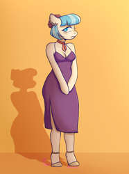 Size: 1864x2500 | Tagged: safe, artist:zowzowo, coco pommel, earth pony, anthro, unguligrade anthro, g4, arm hooves, breasts, cleavage, clothes, dress, female, full body, gala, orange background, purple dress, shadow, shy, side slit, simple background, solo