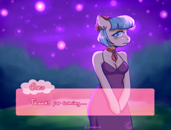 Size: 2000x1516 | Tagged: safe, artist:zowzowo, coco pommel, earth pony, anthro, g4, arm hooves, breasts, cleavage, clothes, cocobetes, cute, dating sim, dress, fake screencap, female, gala, garden, night, night sky, purple dress, purple sky, shy, sky, solo, stars