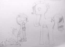 Size: 2530x1850 | Tagged: safe, artist:balletdivagirl, rarity, oc, oc:crystal clarity, dracony, hybrid, pony, kilalaverse, g4, eyes closed, female, interspecies offspring, mother and child, mother and daughter, mouth hold, offspring, parent:rarity, parent:spike, parents:sparity, pencil drawing, traditional art