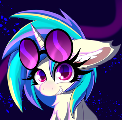 Size: 2029x2000 | Tagged: safe, artist:windykirin, dj pon-3, vinyl scratch, pony, unicorn, g4, abstract background, blacklight, chest fluff, ear fluff, female, high res, long eyelashes, palindrome get, smiling, solo, sunglasses