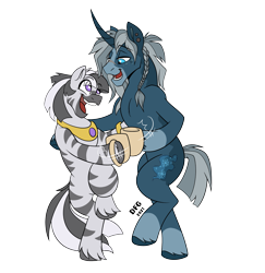 Size: 2319x2386 | Tagged: safe, artist:dragonfoxgirl, oc, oc only, oc:garbhán, oc:jotun, pony, unicorn, zebra, bipedal, duo, duo male, high res, male