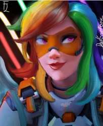 Size: 540x661 | Tagged: source needed, safe, artist:darksinfonic, rainbow dash, human, g4, female, humanized, overwatch, overwatch 2, realistic, smiling, solo, tracer, visor