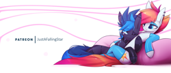 Size: 4090x1743 | Tagged: safe, artist:justafallingstar, oc, oc only, oc:nean, oc:vibrant star, earth pony, pony, choker, clothes, collar, crossed legs, cuddling, ear piercing, earring, earth pony oc, eye clipping through hair, eyebrows, eyebrows visible through hair, eyeshadow, glowing tattoos, heart, high res, hoofless socks, jewelry, makeup, male, no pupils, one eye closed, patreon, piercing, simple background, smiling, socks, stallion, stockings, tattoo, thigh highs, white background