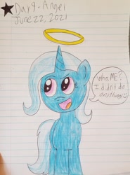 Size: 640x865 | Tagged: safe, artist:fruitypieq, trixie, pony, unicorn, g4, dialogue, halo, innocent, lined paper, open mouth, open smile, smiling, speech bubble, traditional art