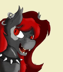 Size: 905x1031 | Tagged: safe, artist:kage, oc, oc only, bat pony, bust, collar, fangs, piercing, portrait, simple background, spiked collar