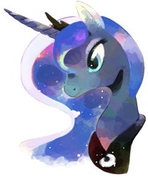 Size: 561x670 | Tagged: safe, artist:breakersunny, princess luna, alicorn, pony, g4, bust, female, jewelry, mare, peytral, portrait, simple background, smiling, solo, tiara, white background