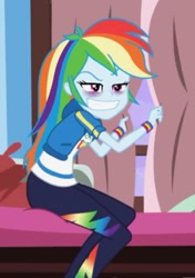 Size: 509x721 | Tagged: safe, screencap, rainbow dash, blizzard or bust, equestria girls, equestria girls specials, g4, my little pony equestria girls: better together, my little pony equestria girls: holidays unwrapped, athletic legs, bags under eyes, clothes, cropped, curvy, extra thicc, faic, female, grin, hoodie, legs, rainbow dash is best facemaker, skintight, skintight clothes, sleep deprivation, smiling, solo, the ass was fat, thicc legs, thick, thighs