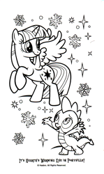 Size: 1201x2010 | Tagged: safe, part of a set, spike, alicorn, dragon, pony, g4, official, black and white, coloring book, female, grayscale, hearth's warming eve, hearth's warming eve coloring book, indexed png, mare, monochrome, snow, snowflake, sparkles, stock vector