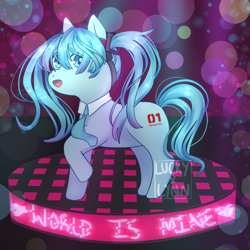 Size: 1536x1536 | Tagged: safe, artist:luckyxlynn, kotobukiya, earth pony, pony, anime, female, hatsune miku, headphones, kotobukiya hatsune miku pony, mare, necktie, ponified, solo, vocaloid, watermark