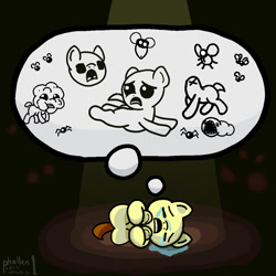Size: 1000x1000 | Tagged: safe, artist:phallen1, fly, headless horse, insect, pony, spider, atg 2021, crying, disembodied head, fetal position, headless, monster, newbie artist training grounds, ponified, running, scared, the binding of isaac, thought bubble