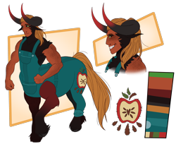 Size: 3682x3000 | Tagged: safe, artist:cerulean-crow, oc, oc only, centaur, centaur oc, clothes, color palette, crack ship offspring, grin, high res, horns, interspecies offspring, male, offspring, overalls, parent:applejack, parent:lord tirek, simple background, smiling, solo, transparent background