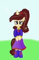 Size: 665x1024 | Tagged: safe, artist:rainyponyindo, oc, oc:harmony star, unicorn, semi-anthro, arm hooves, brown hair, clothes, cute, female, grass, horn, jewelry, looking at you, mare, necklace, ocbetes, open mouth, ponytail, shoes, shy, skirt, sky, smiling, smiling at you, unicorn oc