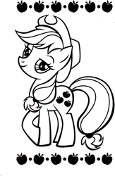 Size: 1122x1720 | Tagged: safe, applejack, earth pony, pony, g4, official, apple, applejack's hat, black and white, coloring book, cowboy hat, female, food, grayscale, hat, hearth's warming eve coloring book, mare, monochrome, solo, stock vector