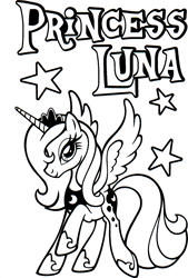 Size: 1061x1571 | Tagged: safe, part of a set, princess luna, alicorn, pony, g4, official, black and white, coloring book, female, grayscale, hearth's warming eve coloring book, indexed png, mare, monochrome, raised hoof, s1 luna, solo, stars