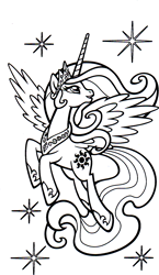 Size: 1028x1770 | Tagged: safe, part of a set, princess celestia, alicorn, pony, g4, official, black and white, coloring book, female, grayscale, hearth's warming eve coloring book, indexed png, mare, monochrome, solo, stars, stock vector