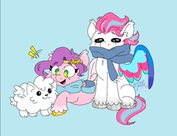 Size: 748x578 | Tagged: safe, artist:mrex123, cloudpuff, pipp petals, zipp storm, dog, flying pomeranian, pegasus, pomeranian, pony, g5, adorapipp, adorazipp, blue background, clothes, cute, female, mare, open mouth, royal sisters (g5), scarf, siblings, simple background, sisters, sitting, unshorn fetlocks, winged dog, wings