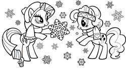 Size: 1760x1054 | Tagged: safe, part of a set, pinkie pie, rarity, earth pony, pony, unicorn, g4, official, black and white, clothes, coloring book, female, grayscale, hat, headband, hearth's warming eve coloring book, indexed png, mare, monochrome, scarf, simple background, snow, snowflake, white background