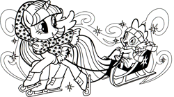 Size: 1703x953 | Tagged: safe, part of a set, spike, twilight sparkle, alicorn, dragon, pony, unicorn, g4, official, black and white, clothes, coloring book, female, grayscale, headband, hearth's warming eve coloring book, ice skates, indexed png, mare, monochrome, scan, scarf, simple background, sleigh, twilight sparkle (alicorn), white background, winter hat