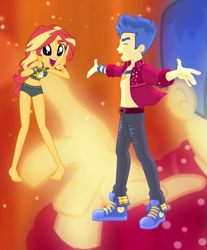 Size: 595x720 | Tagged: safe, artist:spidey-gamer-crack, edit, edited screencap, screencap, flash sentry, sunset shimmer, cheer you on, equestria girls, g4, my little pony equestria girls: better together, barefoot, belly button, bikini, clothes, converse, cropped, cute, feet, female, jewelry, male, midriff, necklace, open clothes, open mouth, open shirt, shimmerbetes, ship:flashimmer, shipping, shoes, sleeveless, straight, sunset shimmer's beach shorts swimsuit, surprised, swimsuit