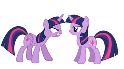 Size: 1080x607 | Tagged: safe, twilight sparkle, alicorn, pony, unicorn, g4, magic duel, once upon a zeppelin, alicorn drama, angry, drama, duality, female, frown, gritted teeth, looking at each other, mare, rage, ragelight sparkle, self ponidox, simple background, solo, transparent background, twilight sparkle (alicorn), twolight, unicorn twilight