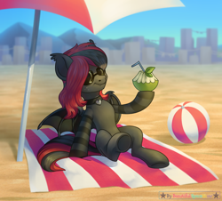Size: 3000x2706 | Tagged: source needed, safe, artist:beautifulspaceshow, oc, oc only, bat pony, pony, bat pony oc, beach, beach ball, beach umbrella, clothes, coconut, collar, commission, female, food, high res, mare, sitting, smiling, socks, solo, straw, sunglasses, ych result