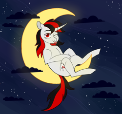 Size: 1200x1125 | Tagged: safe, artist:bullet, oc, oc only, oc:blackjack, pony, unicorn, fallout equestria, fallout equestria: project horizons, :p, cloud, commission, crescent moon, cute, female, horn, looking at you, mare, moon, night, one eye closed, solo, stars, tongue out, unicorn oc, wink, winking at you, ych result
