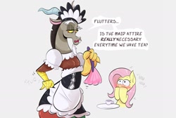 Size: 2389x1604 | Tagged: safe, artist:another_pony, discord, fluttershy, draconequus, pegasus, pony, g4, blushing, clothes, crossdressing, dialogue, duster, femboy discord, fluttershy likes femboys, french maid, hooves on mouth, lidded eyes, maid, maid discord, wide eyes