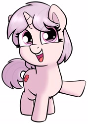 Size: 1630x2295 | Tagged: safe, artist:heretichesh, oc, oc only, oc:red pill, pony, unicorn, female, filly, foal, happy, horn, open mouth, simple background, smiling, solo, unicorn oc, white background