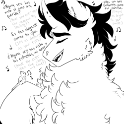 Size: 3000x3000 | Tagged: safe, artist:gingygin, king sombra, bird, pony, unicorn, g4, black and white, cheek fluff, chest fluff, ear fluff, eyes closed, fluffy, grayscale, high res, male, monochrome, music notes, singing, solo, spanish, stallion