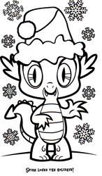 Size: 1001x1718 | Tagged: safe, part of a set, spike, dragon, g4, official, black and white, christmas, coloring book, grayscale, hat, hearth's warming eve coloring book, holiday, indexed png, looking at you, male, monochrome, santa hat, scan, simple background, snow, snowflake, solo, waving, waving at you, white background