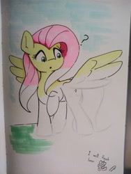 Size: 3072x4096 | Tagged: safe, artist:taurson, fluttershy, pegasus, pony, g4, atg 2021, confused, drawn into existence, female, mare, meta, newbie artist training grounds, partial color, question mark, solo, traditional art, wip