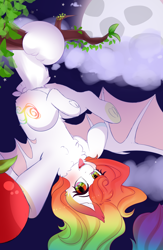 Size: 1800x2767 | Tagged: safe, artist:2pandita, oc, oc only, bat pony, pony, apple, behaving like a bat, female, food, mare, moon, prehensile tail, solo, tail hold