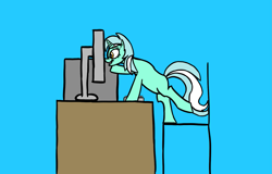 Size: 1601x1026 | Tagged: safe, artist:librarylonging, lyra heartstrings, pony, unicorn, g4, blue background, chair, computer, desk, missing cutie mark, simple background, solo
