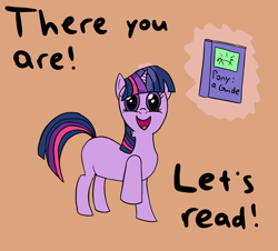 Size: 1948x1758 | Tagged: source needed, safe, artist:librarylonging, twilight sparkle, pony, unicorn, g4, book, brown background, dialogue, female, mare, missing cutie mark, simple background, solo, talking to viewer