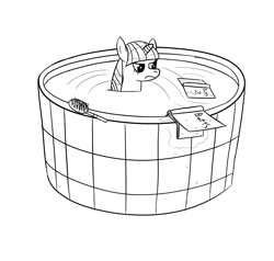 Size: 1456x1386 | Tagged: safe, artist:librarylonging, twilight sparkle, pony, g4, bathtub, black and white, book, brush, grayscale, lineart, monochrome, solo, water