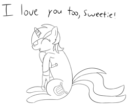Size: 3821x3236 | Tagged: safe, artist:librarylonging, lyra heartstrings, oc, oc:anon, human, pony, unicorn, g4, black and white, dialogue, eyes closed, grayscale, high res, hug, lineart, monochrome, open mouth, open smile, size difference, smiling
