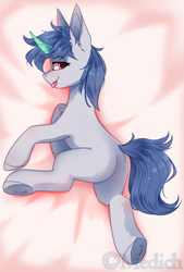 Size: 1897x2803 | Tagged: safe, artist:mediasmile666, oc, oc only, pony, unicorn, butt, curved horn, female, horn, looking at you, mare, plot, solo, tongue out, underhoof
