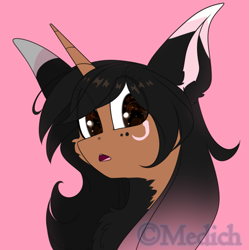Size: 1979x1984 | Tagged: safe, artist:mediasmile666, oc, oc only, pony, unicorn, bust, female, looking at you, mare, pink background, simple background, solo
