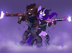 Size: 2384x1774 | Tagged: safe, artist:draw3, oc, pegasus, pony, unicorn, vampire, vampire bat pony, vampony, armor, assault rifle, back to back, commission, fangs, fog, glasses, gun, high res, rifle, rust, sharp teeth, simple background, smoke, tactical vest, teeth, upright, weapon