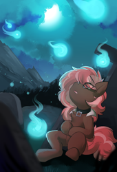 Size: 2582x3808 | Tagged: safe, artist:beardie, oc, oc only, oc:scarlet trace (coffee bean), earth pony, pony, collar, earth pony oc, eye clipping through hair, eyebrows, eyebrows visible through hair, female, graveyard, high res, looking up, mare, mountain, open mouth, solo, wisp