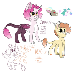 Size: 2138x2129 | Tagged: safe, artist:moccabliss, discord, princess celestia, oc, oc:cinder, oc:neko, hybrid, g4, curved horn, female, high res, horn, interspecies offspring, leonine tail, male, offspring, parent:discord, parent:princess celestia, parents:dislestia, ship:dislestia, shipping, simple background, straight, white background