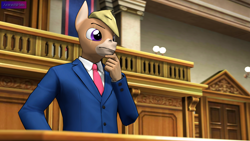Size: 3840x2160 | Tagged: safe, alternate version, artist:antonsfms, oc, oc only, oc:nickyequeen, donkey, anthro, 3d, ace attorney, alternate universe, anthro oc, attorney, badge, banner, clothes, commission, commissioner:nickyequeen, court, courtroom, crossover, desk, donkey oc, formal attire, formal wear, hand on chin, hand on hip, high res, image set, male, nickywright, phoenix wright, pondering, solo, source filmmaker, suit