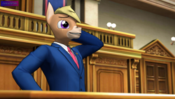 Size: 3840x2160 | Tagged: safe, alternate version, artist:antonsfms, oc, oc only, oc:nickyequeen, donkey, anthro, 3d, ace attorney, alternate universe, anthro oc, attorney, badge, banner, clothes, commission, commissioner:nickyequeen, court, courtroom, crossover, desk, donkey oc, formal attire, formal wear, hand on hip, high res, image set, laughing, looking up, male, nickywright, phoenix wright, solo, source filmmaker, suit