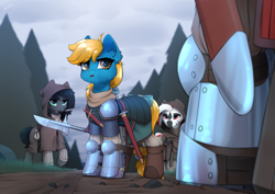 Size: 4000x2831 | Tagged: safe, artist:dipfanken, oc, oc only, pony, zebra, armor, clothes, flail, halberd, highwayman, knife, medieval, mouth hold, purse, road, robe, sword, weapon