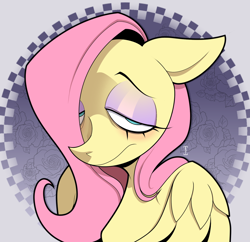 Size: 1570x1519 | Tagged: safe, artist:gh0stcr33p, fluttershy, pegasus, pony, g4, bust, eyeshadow, female, floppy ears, hair over one eye, lidded eyes, makeup, mare, solo