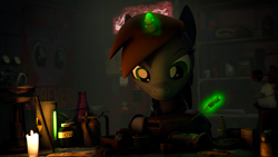 Size: 7680x4320 | Tagged: safe, artist:lagmanor, pinkie pie, oc, oc only, oc:littlepip, earth pony, pony, unicorn, fallout equestria, 3d, absurd resolution, battery, bottle, candle, clothes, dark background, duct tape, female, glowing horn, glue, hammer, holding, horn, jumpsuit, junk, looking down, magic, mare, ministry of morale, poster, propaganda, repairing, screwdriver, solo, source filmmaker, sparkle cola, tape, telekinesis, toaster, vault suit, vending machine, workshop