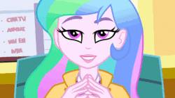 Size: 800x450 | Tagged: safe, screencap, princess celestia, princess luna, principal celestia, vice principal luna, equestria girls, g4, my little pony equestria girls: rainbow rocks, animated, duo, duo female, eye, eyes, female, green eyes, hypnosis, hypnotized, implied dazzlings, siblings, sisters, smiling, talking, zoom out